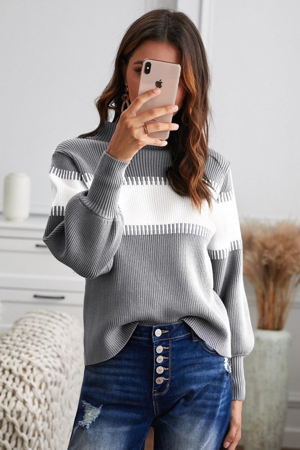 Cozy Moments Color Block High Neck Sweater - MXSTUDIO.COM