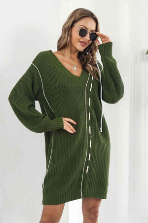 Cozy On The Go V Neck Long Sleeve Sweater Dress - MXSTUDIO.COM