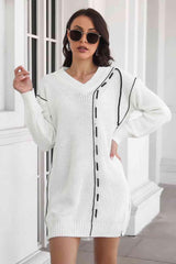 Cozy On The Go V Neck Long Sleeve Sweater Dress - MXSTUDIO.COM