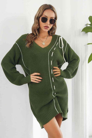 Cozy On The Go V Neck Long Sleeve Sweater Dress - MXSTUDIO.COM