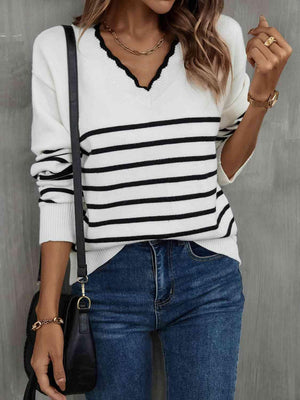 Cozy Season Striped V Neck Sweater-MXSTUDIO.COM