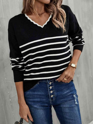 Cozy Season Striped V Neck Sweater-MXSTUDIO.COM