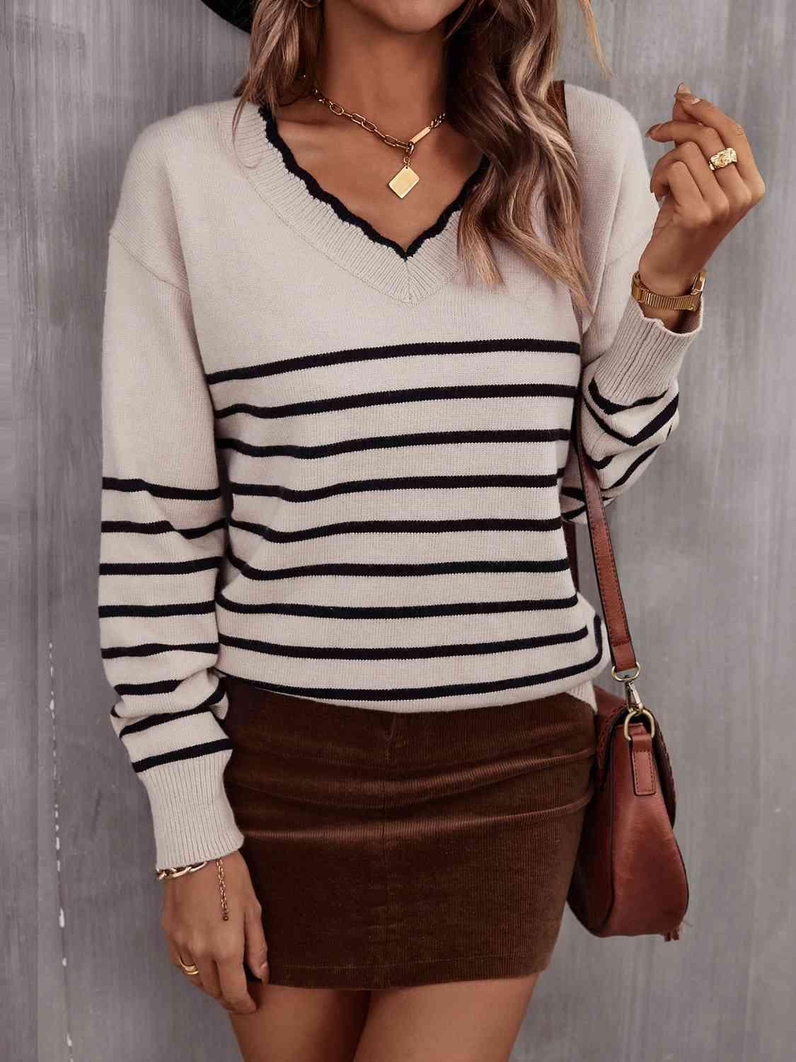 Cozy Season Striped V Neck Sweater-MXSTUDIO.COM