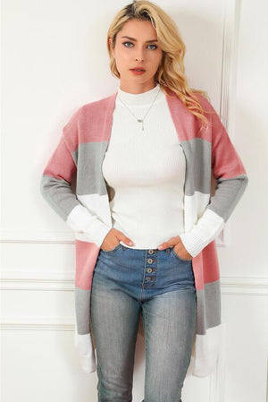 Cozy Shield Open Front Long Striped Cardigan-MXSTUDIO.COM