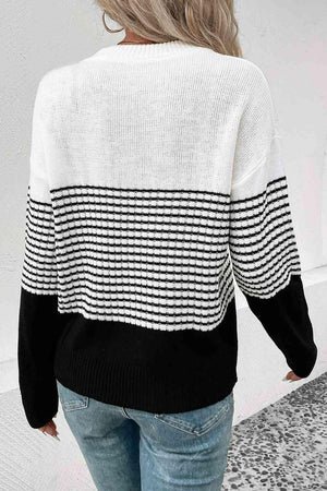 Cozy Staple Crew Neck Striped Knit Sweater-MXSTUDIO.COM