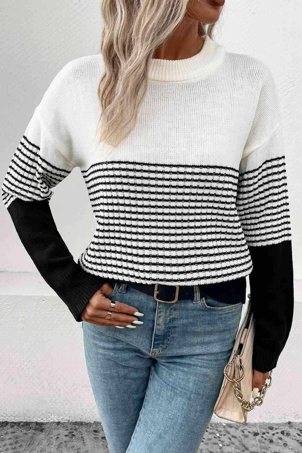 Cozy Staple Crew Neck Striped Knit Sweater-MXSTUDIO.COM