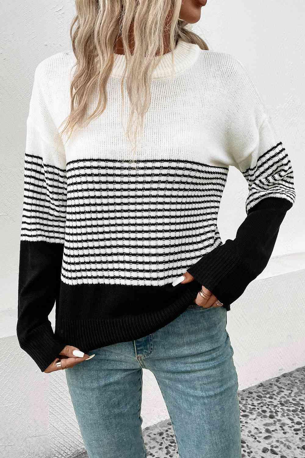 Cozy Staple Crew Neck Striped Knit Sweater-MXSTUDIO.COM