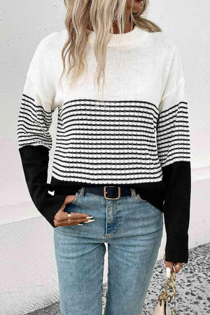 Cozy Staple Crew Neck Striped Knit Sweater-MXSTUDIO.COM