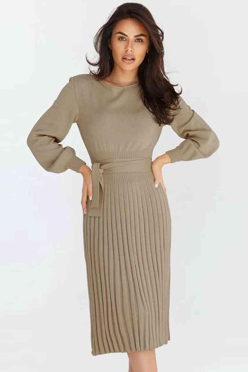 Cozy Sway Long Sleeve Pleated Sweater Dress - MXSTUDIO.COM