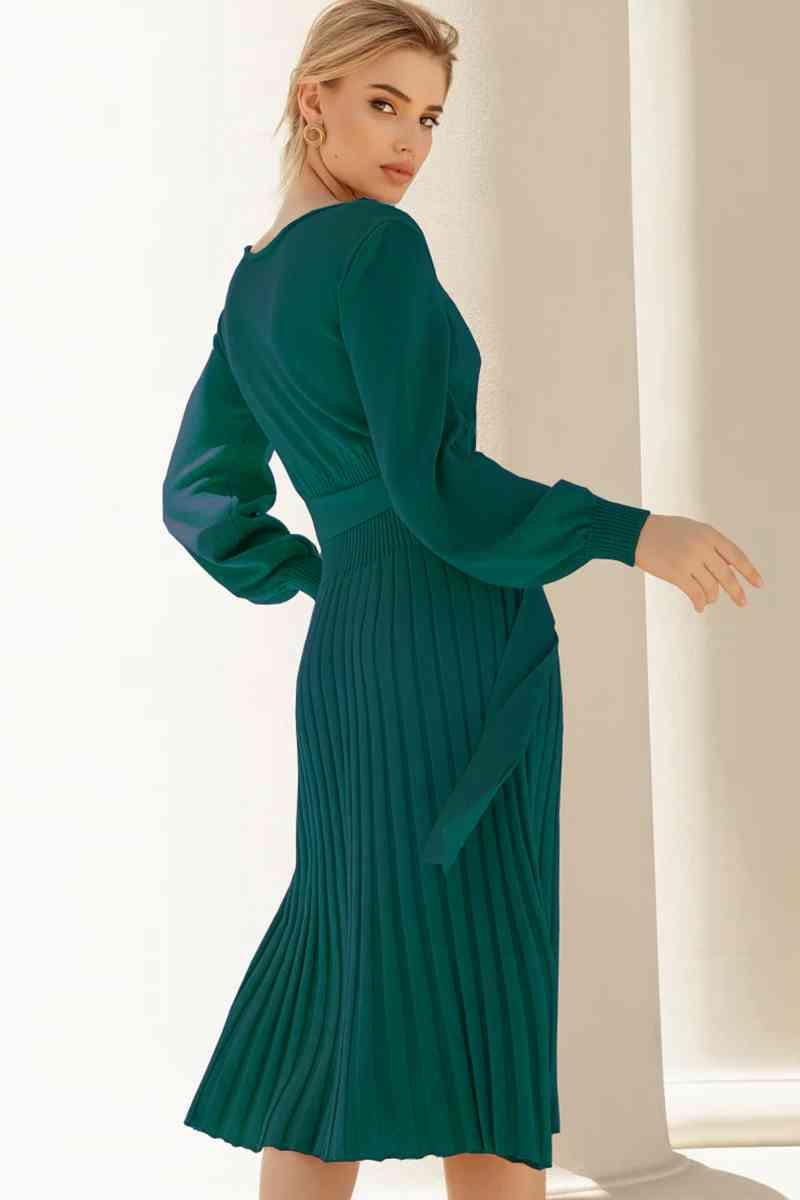 Cozy Sway Long Sleeve Pleated Sweater Dress - MXSTUDIO.COM