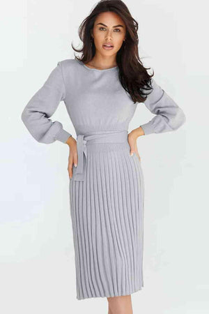 Cozy Sway Long Sleeve Pleated Sweater Dress - MXSTUDIO.COM