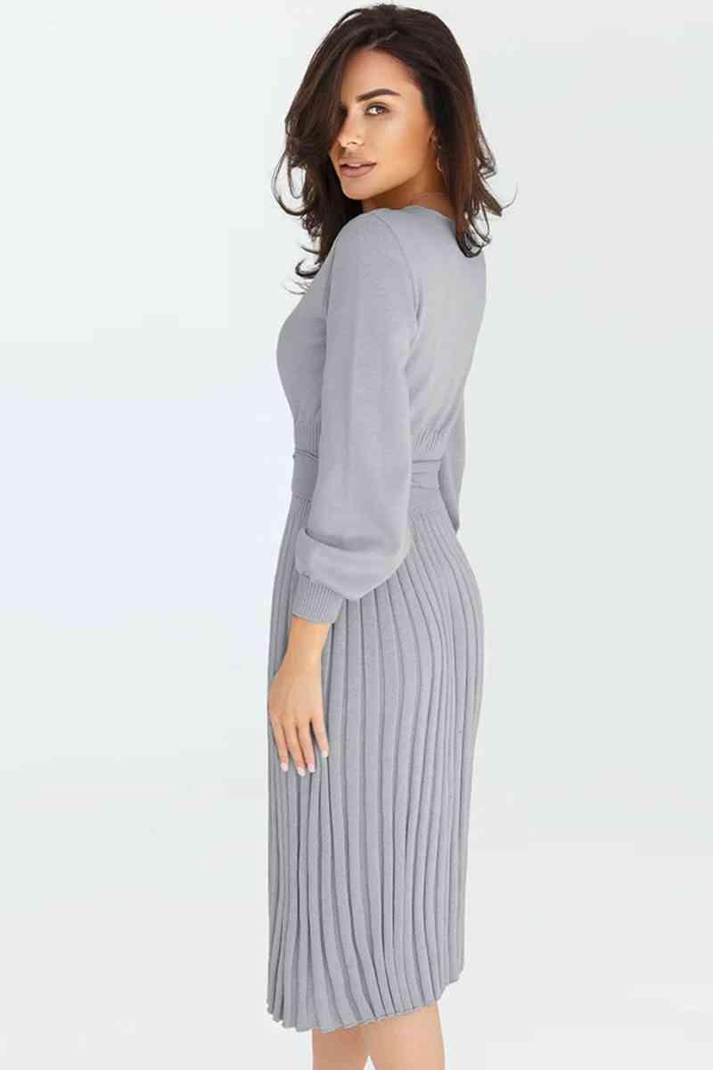 Cozy Sway Long Sleeve Pleated Sweater Dress - MXSTUDIO.COM