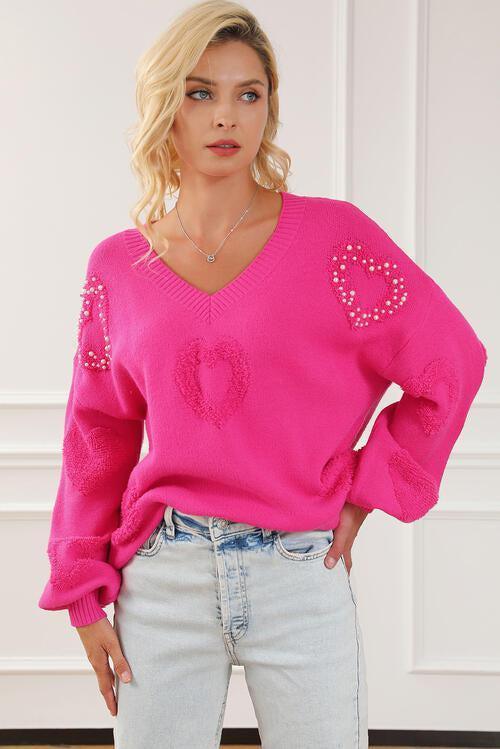 Cozy Sweet V-Neck Pink Pearl Sweater-MXSTUDIO.COM