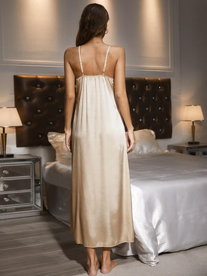 Cream Contrast Lace V-Neck Night Gown With Slit - MXSTUDIO.COM