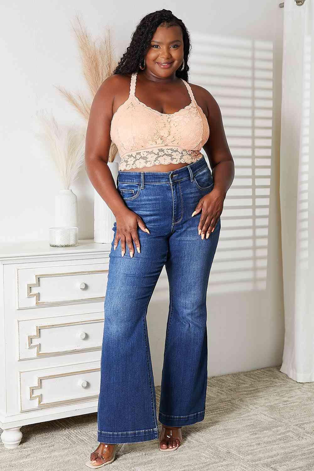 Crisscross Back Light Apricot Plus Size Lace Bralette - MXSTUDIO.COM