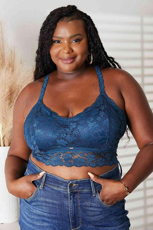 Crisscross Back Navy Blue Plus Size Lace Bralette - MXSTUDIO.COM