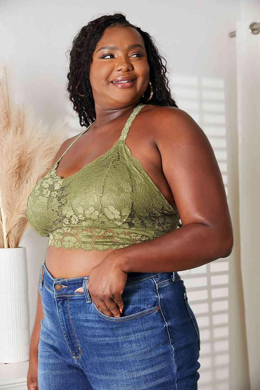 Crisscross Back Olive Green Plus Size Lace Bralette - MXSTUDIO.COM