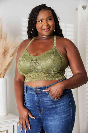 Crisscross Back Olive Green Plus Size Lace Bralette - MXSTUDIO.COM