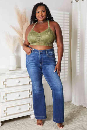 Crisscross Back Olive Green Plus Size Lace Bralette - MXSTUDIO.COM