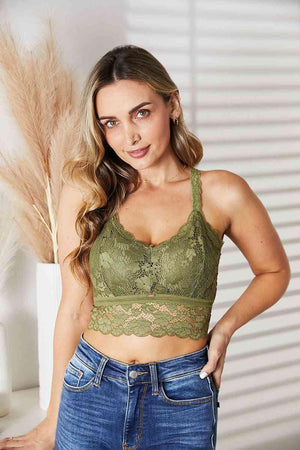 Crisscross Back Olive Green Plus Size Lace Bralette - MXSTUDIO.COM