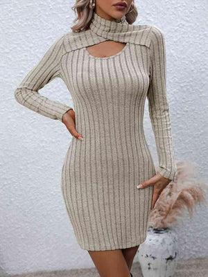 Crisscross Knitted Turtleneck Cut Out Sweater Dress-MXSTUDIO.COM