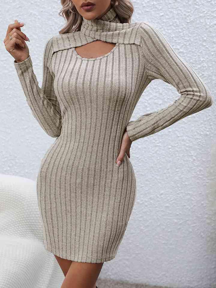 Crisscross Knitted Turtleneck Cut Out Sweater Dress-MXSTUDIO.COM