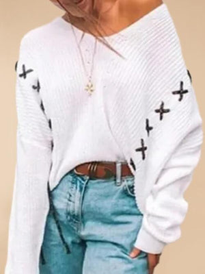 Crisscross Lace Up Detail White Knit Sweater-MXSTUDIO.COM