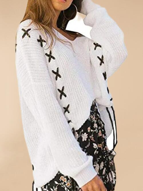 Crisscross Lace Up Detail White Knit Sweater-MXSTUDIO.COM