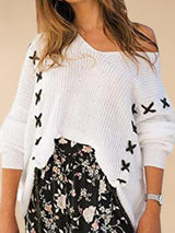 Crisscross Lace Up Detail White Knit Sweater-MXSTUDIO.COM