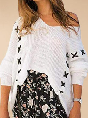 Crisscross Lace Up Detail White Knit Sweater-MXSTUDIO.COM