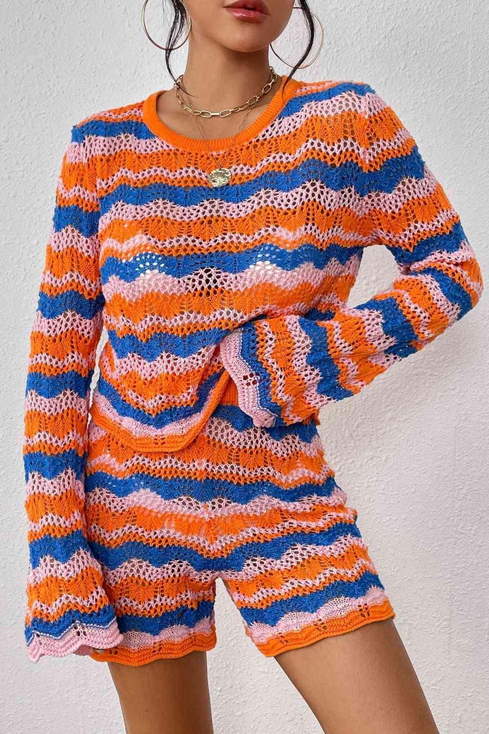 Crochet Striped Knit Sweater and Shorts Set-MXSTUDIO.COM