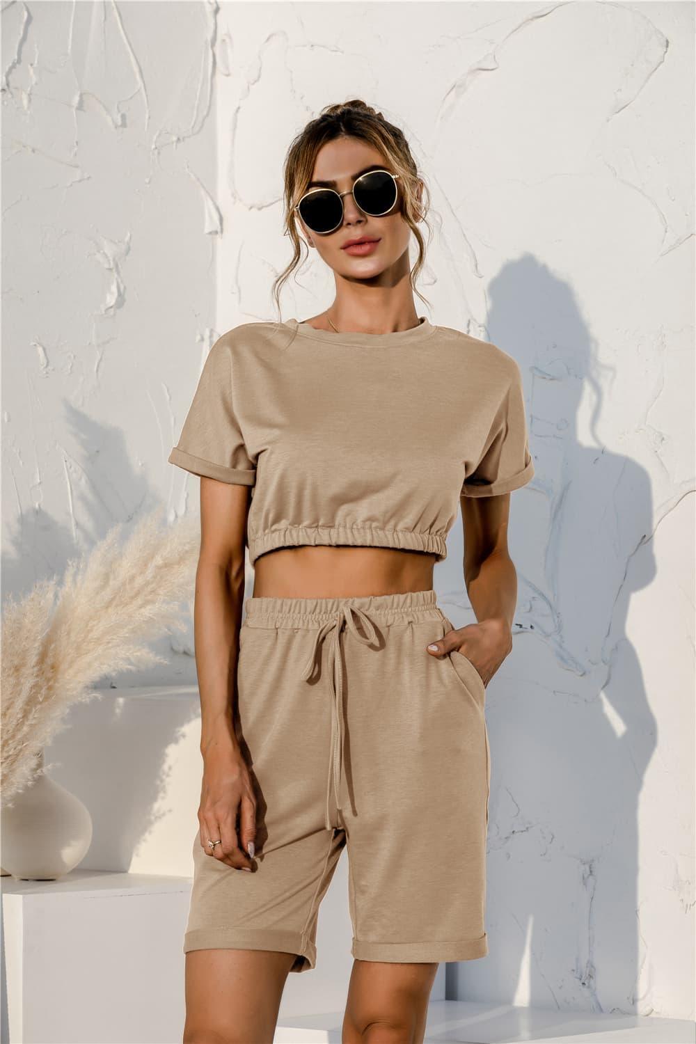 Cropped Top And Shorts 2 Piece Lounge Set - MXSTUDIO.COM