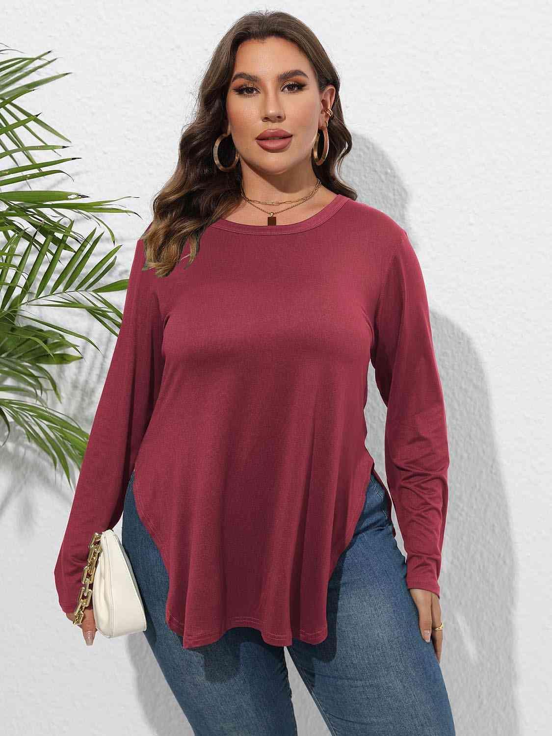 Curve Hem Plus Size Long Sleeve Tee - MXSTUDIO.COM