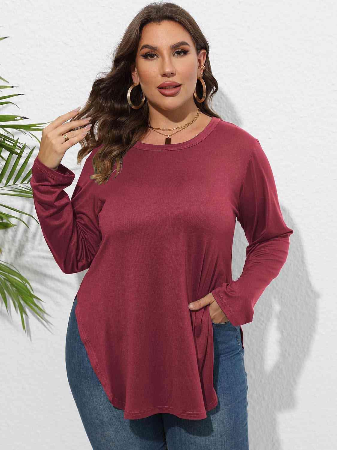 Curve Hem Plus Size Long Sleeve Tee - MXSTUDIO.COM