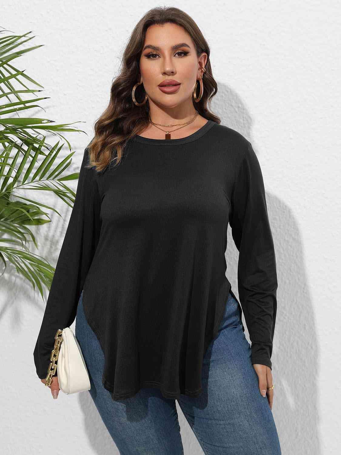 Curve Hem Plus Size Long Sleeve Tee - MXSTUDIO.COM