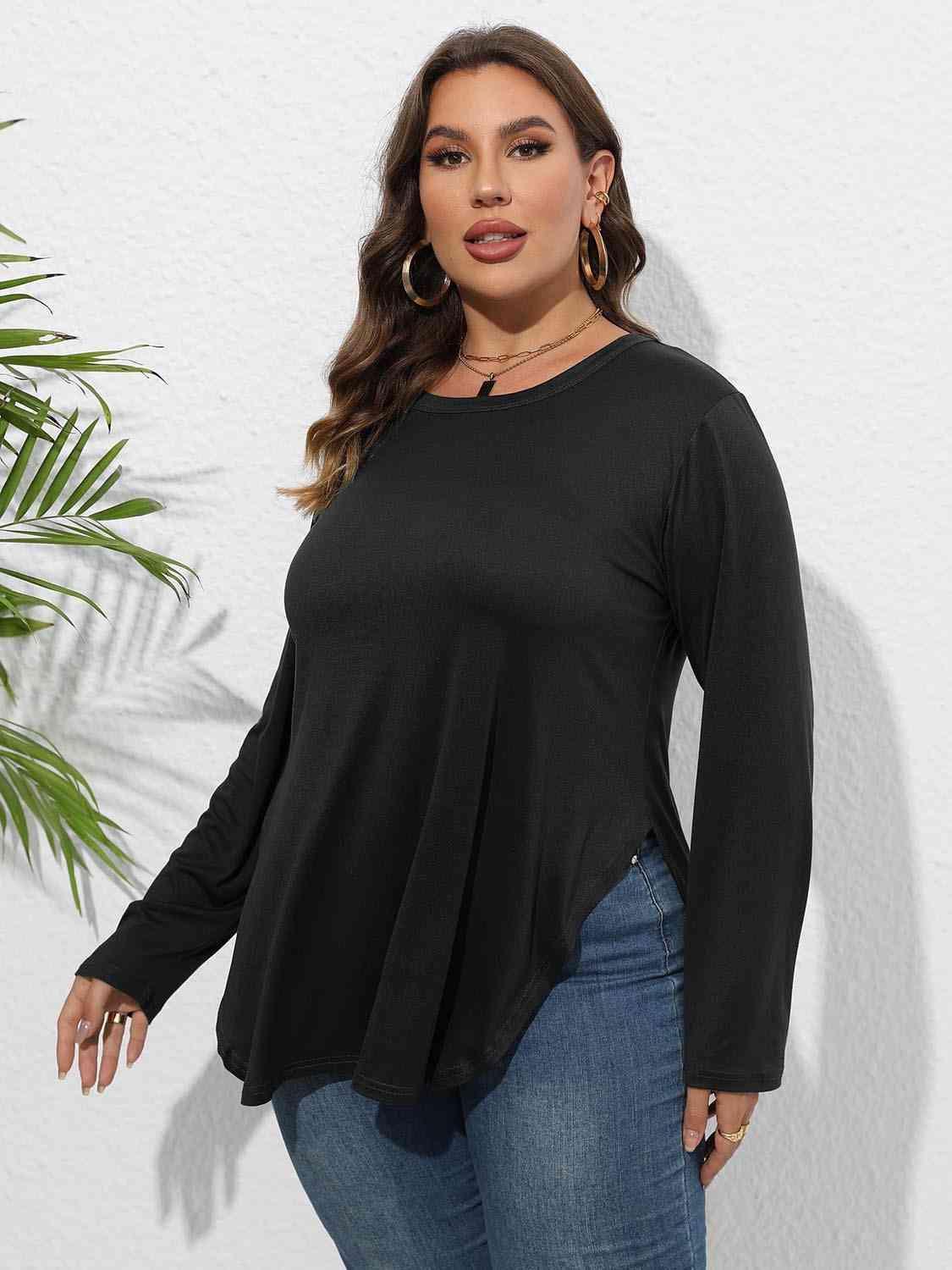 Curve Hem Plus Size Long Sleeve Tee - MXSTUDIO.COM