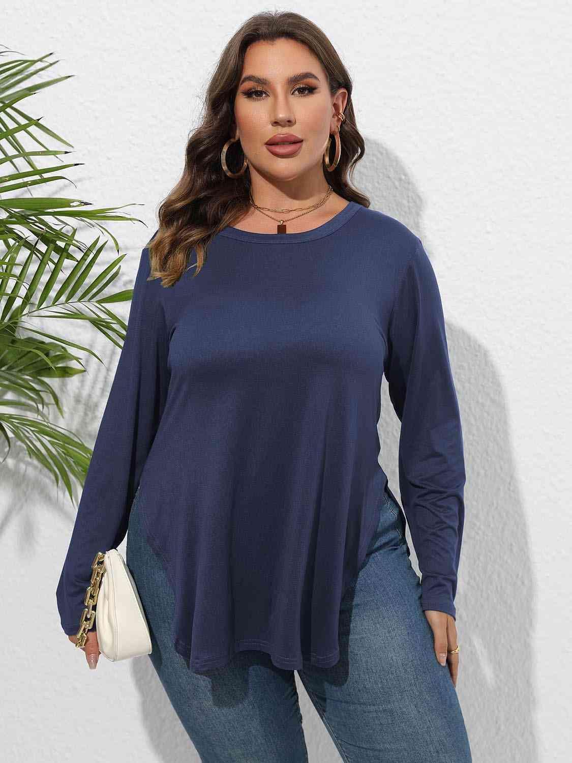 Curve Hem Plus Size Long Sleeve Tee - MXSTUDIO.COM