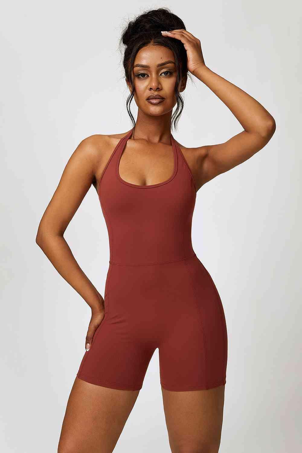 Curvy Chic Halter Neck Spandex Active Romper - MXSTUDIO.COM