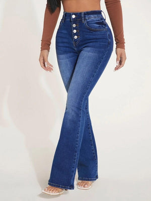 a woman in a brown top and blue jeans