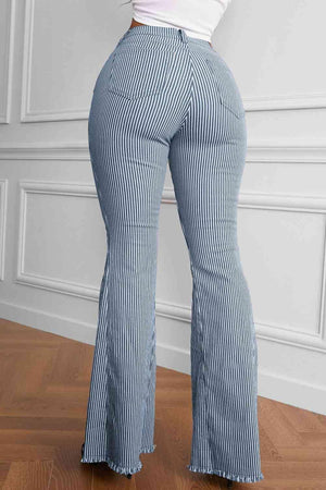 Curvy Retro Striped Raw Hem High Waisted Flare Pants - MXSTUDIO.COM