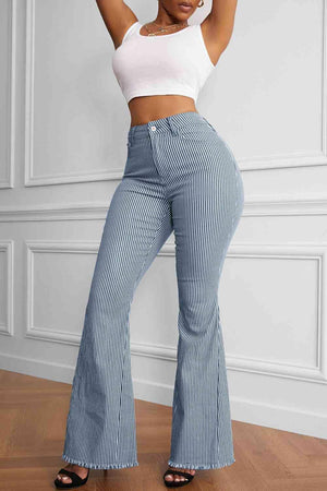 Curvy Retro Striped Raw Hem High Waisted Flare Pants - MXSTUDIO.COM