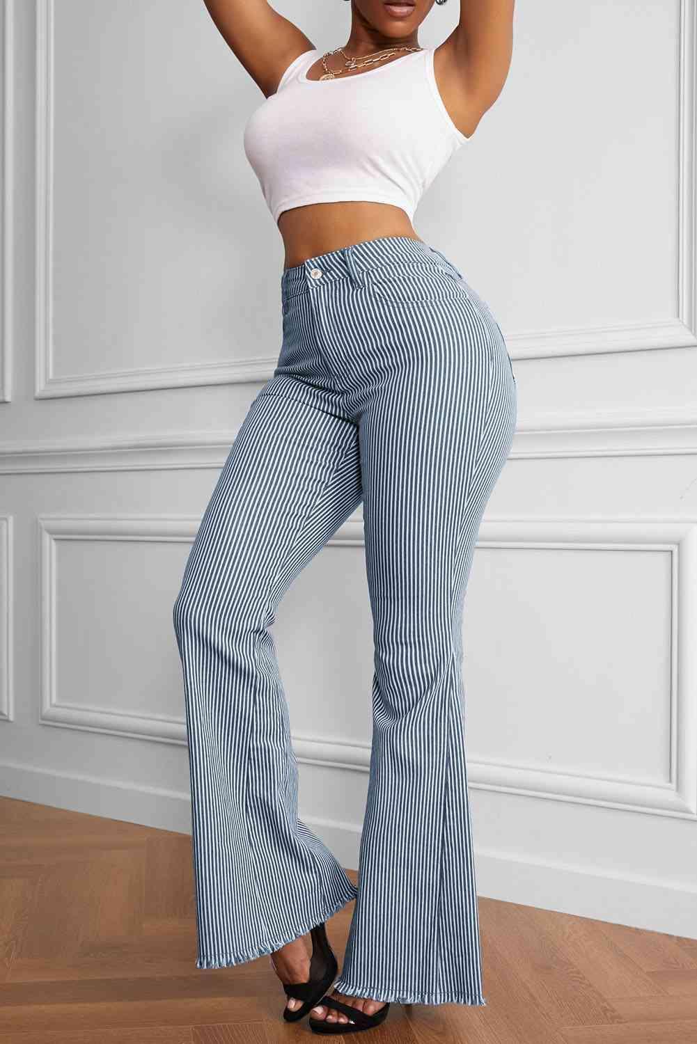 Curvy Retro Striped Raw Hem High Waisted Flare Pants - MXSTUDIO.COM