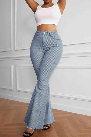 Curvy Retro Striped Raw Hem High Waisted Flare Pants - MXSTUDIO.COM