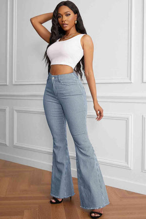 Curvy Retro Striped Raw Hem High Waisted Flare Pants - MXSTUDIO.COM