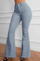 Curvy Retro Striped Raw Hem High Waisted Flare Pants - MXSTUDIO.COM