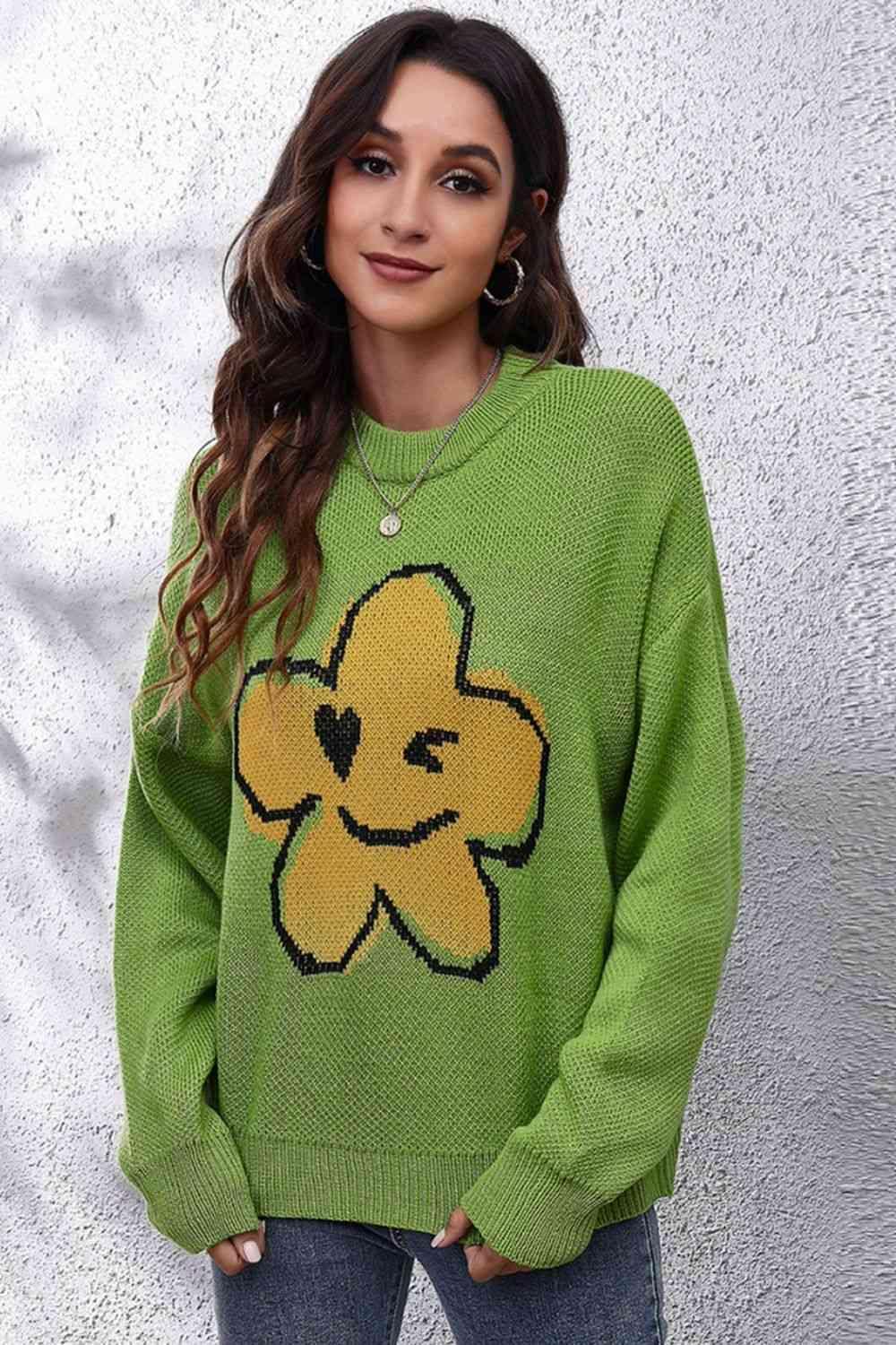 Cute And Warm Knit Crew Neck Flower Sweater - MXSTUDIO.COM