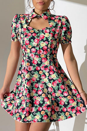 Cute Chick Collared Floral Puff Sleeve Mini Dress - MXSTUDIO.COM