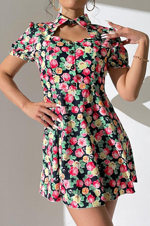 Cute Chick Collared Floral Puff Sleeve Mini Dress - MXSTUDIO.COM