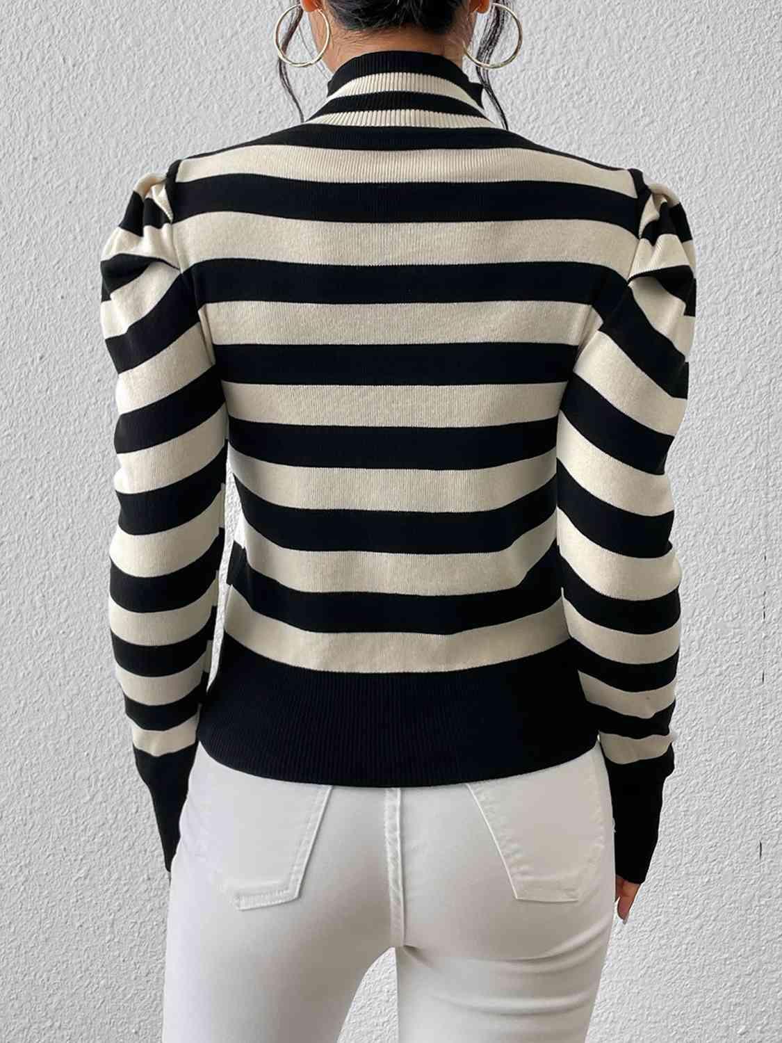 Cutout Front Knit Striped Mock Neck Sweater-MXSTUDIO.COM