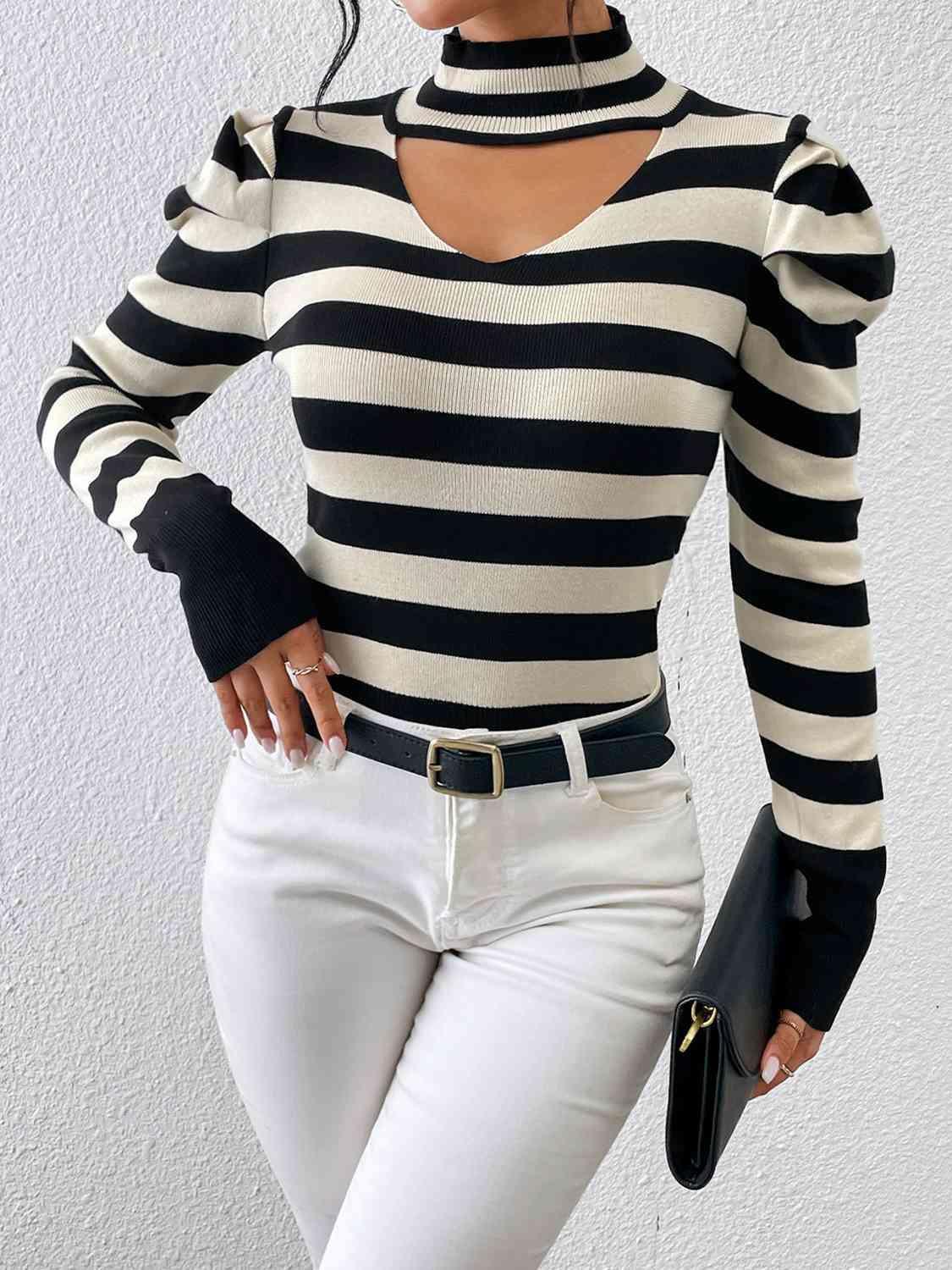 Cutout Front Knit Striped Mock Neck Sweater-MXSTUDIO.COM